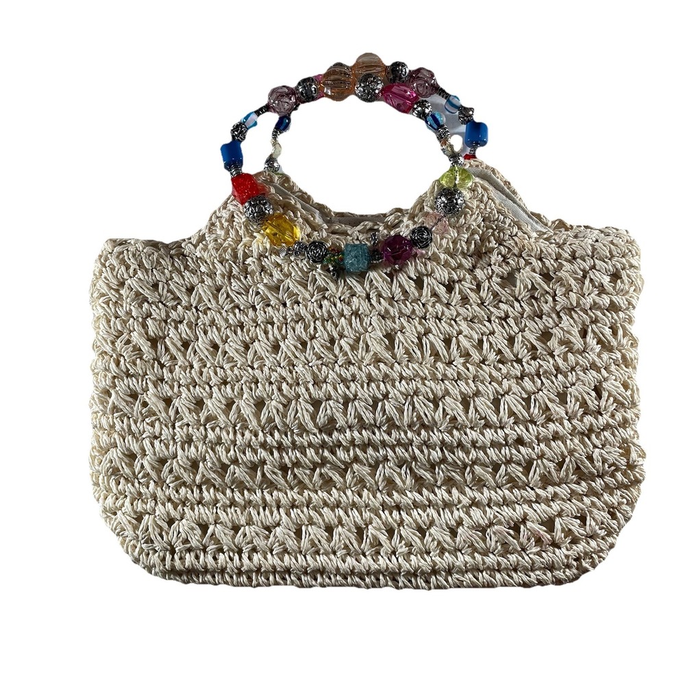 Boho Woven Straw Handbag w/ Multicolor Beaded‎ Handle Blue Miami